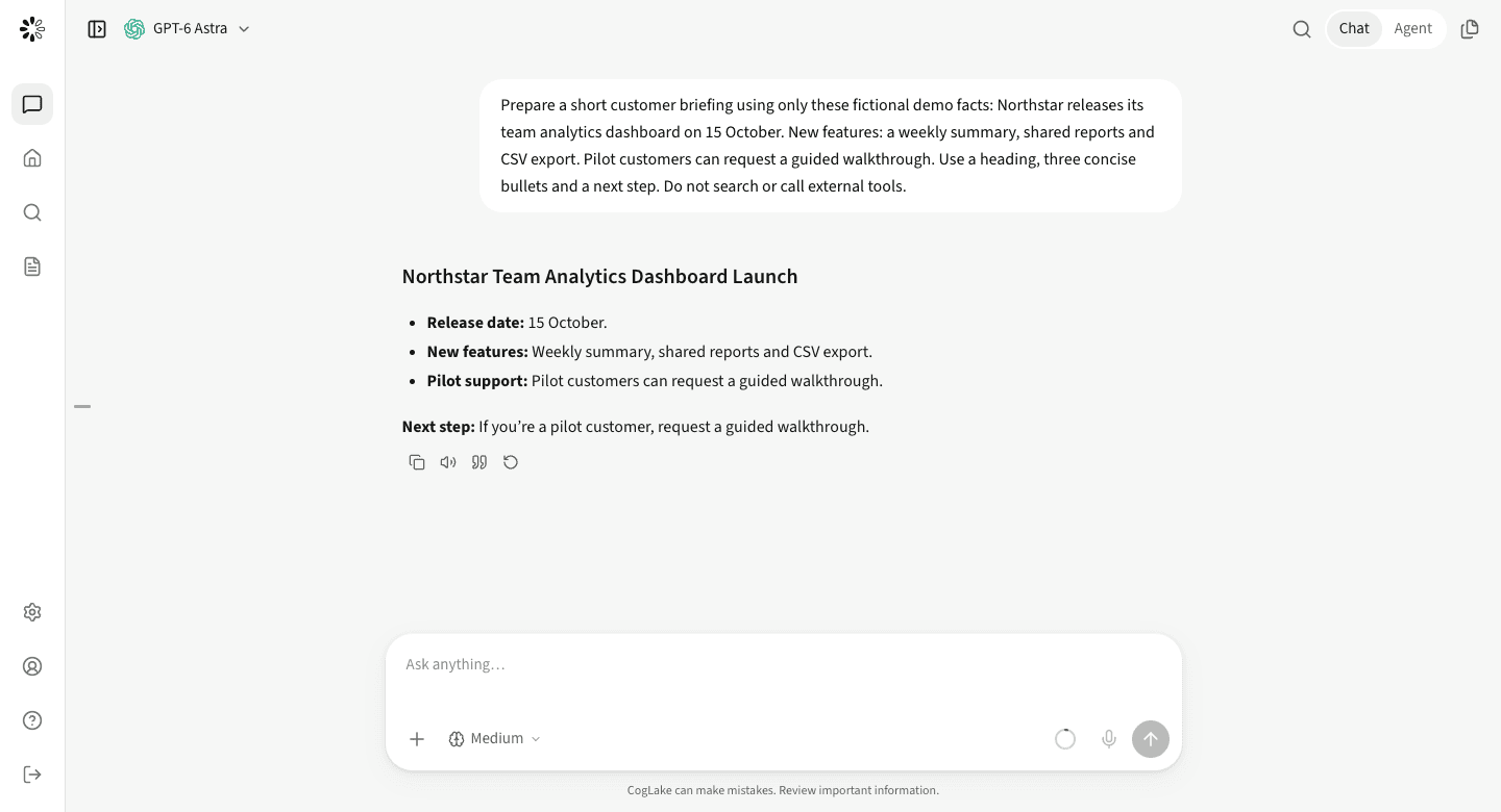 CogLake chat with a synthetic customer briefing
